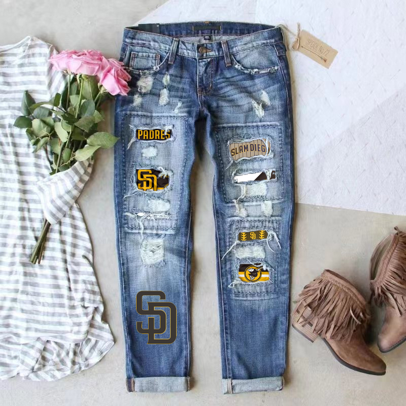 STRETCH RIPPED FRAYED RAW HEM DISTRESSED DENIM JEANS WITH HOLE - Baseswear