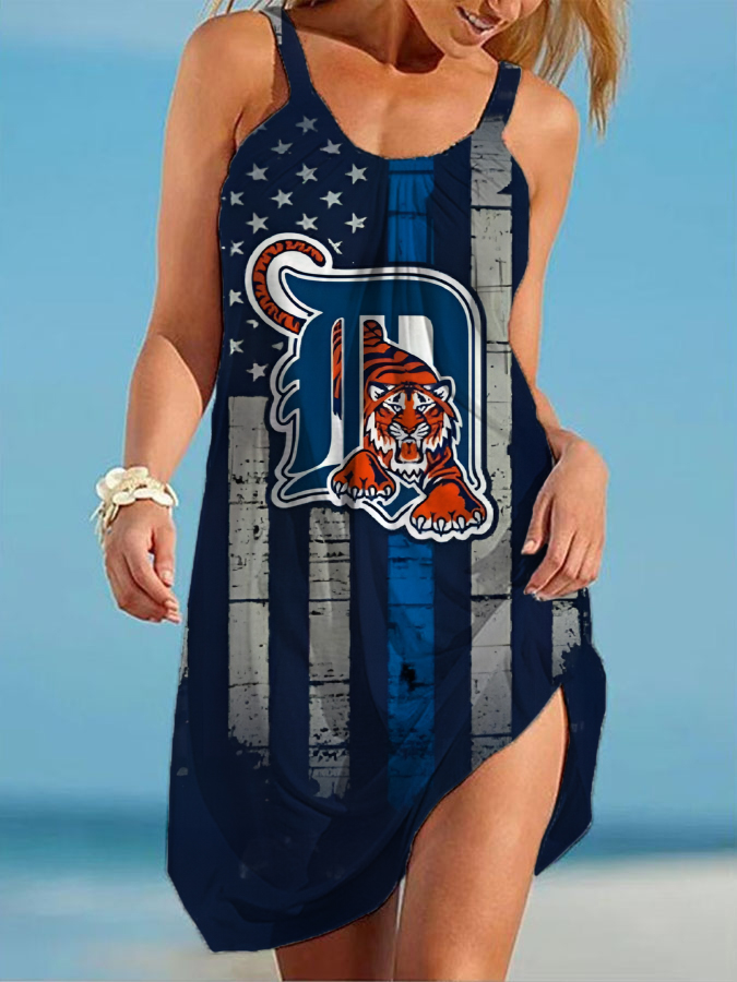 Detroit Tigers Round neck sleeveless printed dress - Baseswear