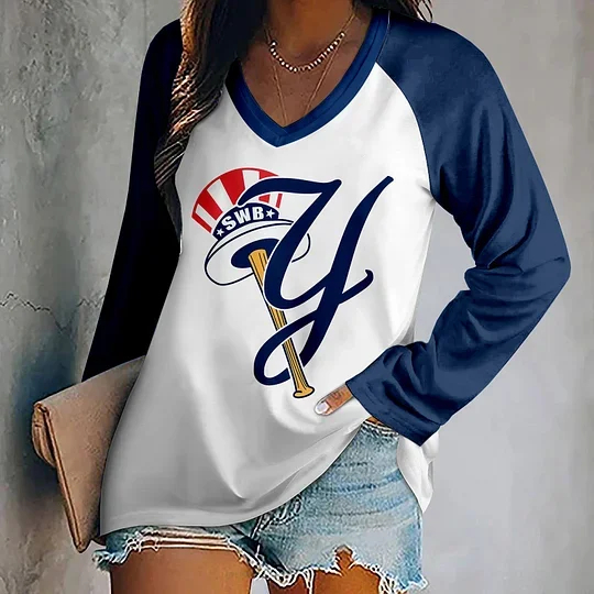 Women's V-neck Double-layered Long-sleeved Loose T-shirt - Baseswear
