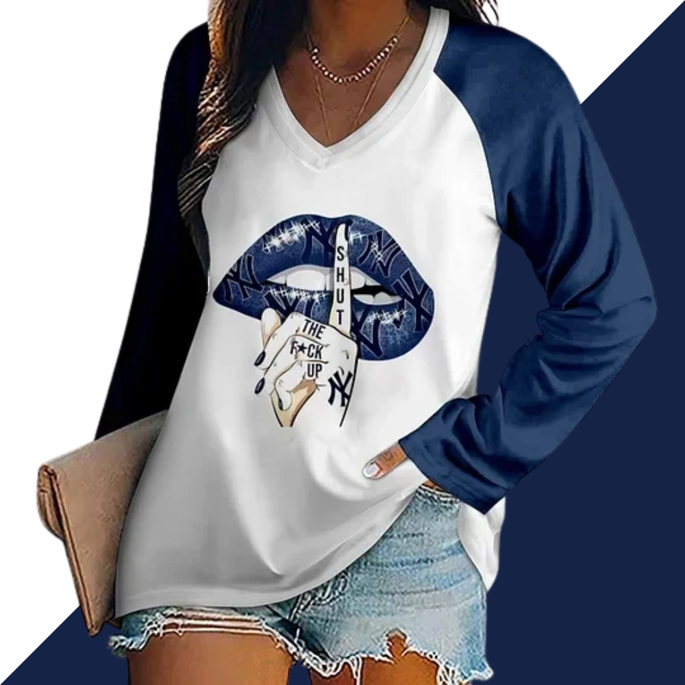 Women's V-neck Double-layered Long-sleeved Loose T-shirt - Baseswear