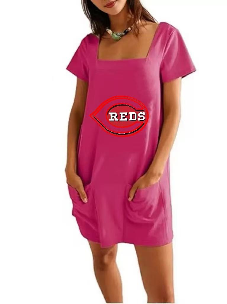 Square neck short sleeve fashion short skirt pocket casual dress - Baseswear