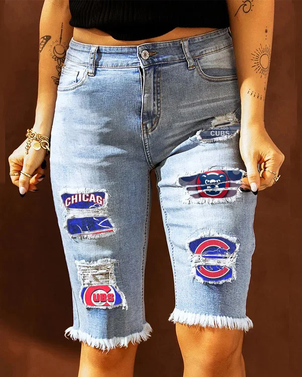 MID-RISE RIPPED PATCHES DENIM BERMUDA SHORTS - Baseswear