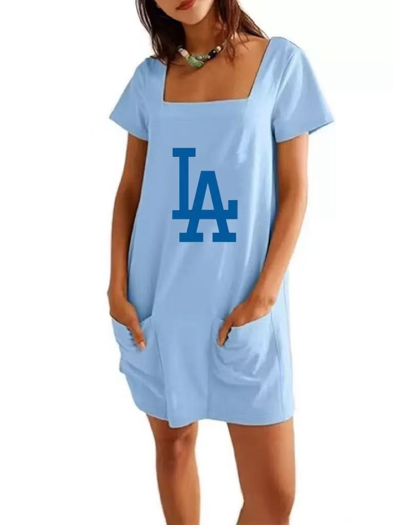 Square neck short sleeve fashion short skirt pocket casual dress - Baseswear