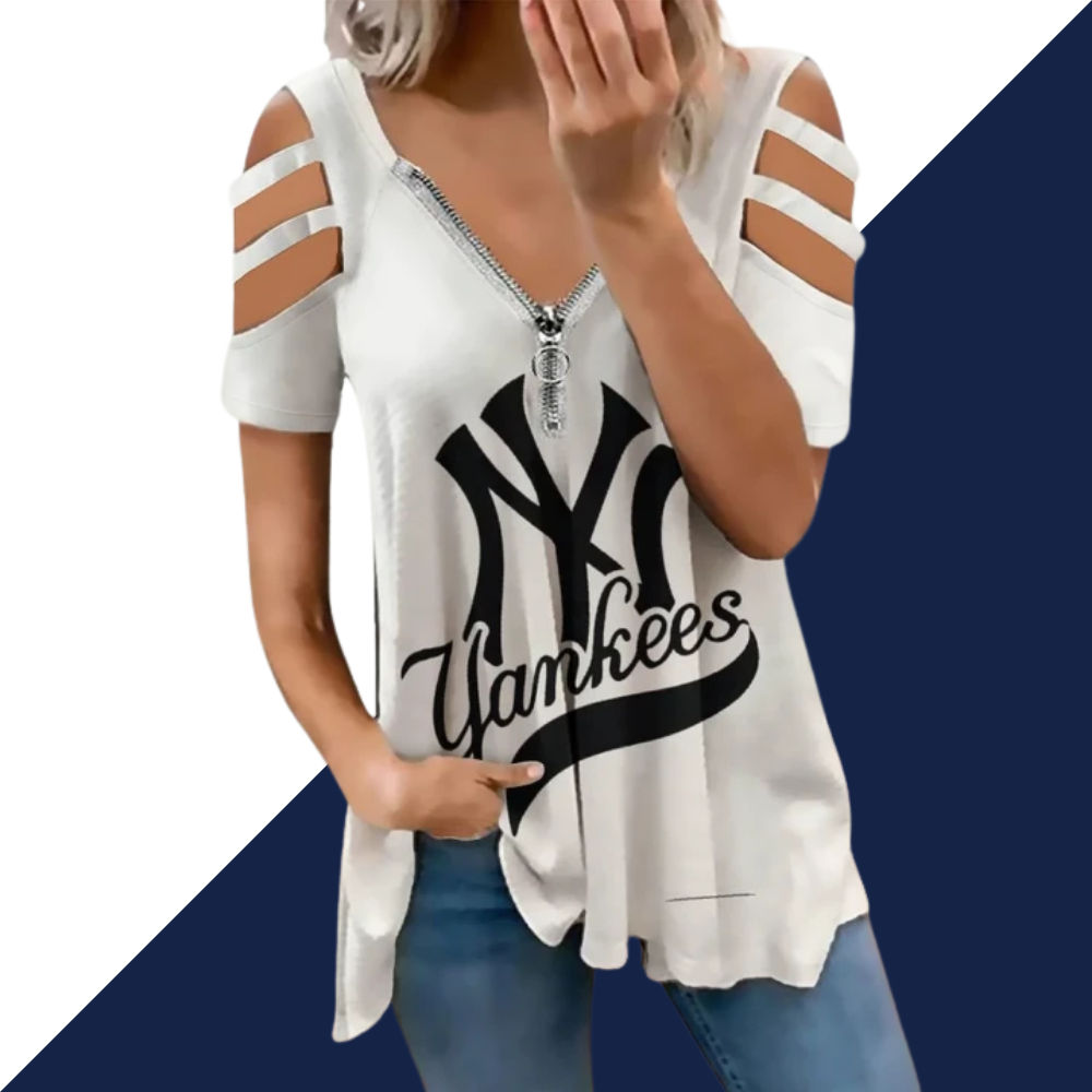 New print zipper V-neck T-shirt pull-over short-sleeve loose-fitting women's T-shirt - Baseswear