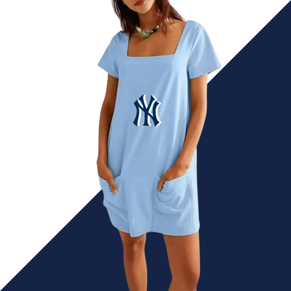 Square neck short sleeve fashion short skirt pocket casual dress - Baseswear