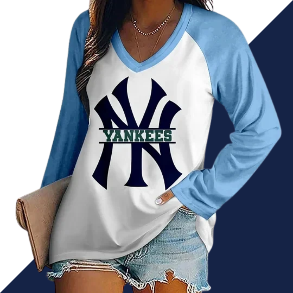 Women's V-neck Double-layered Long-sleeved Loose T-shirt - Baseswear