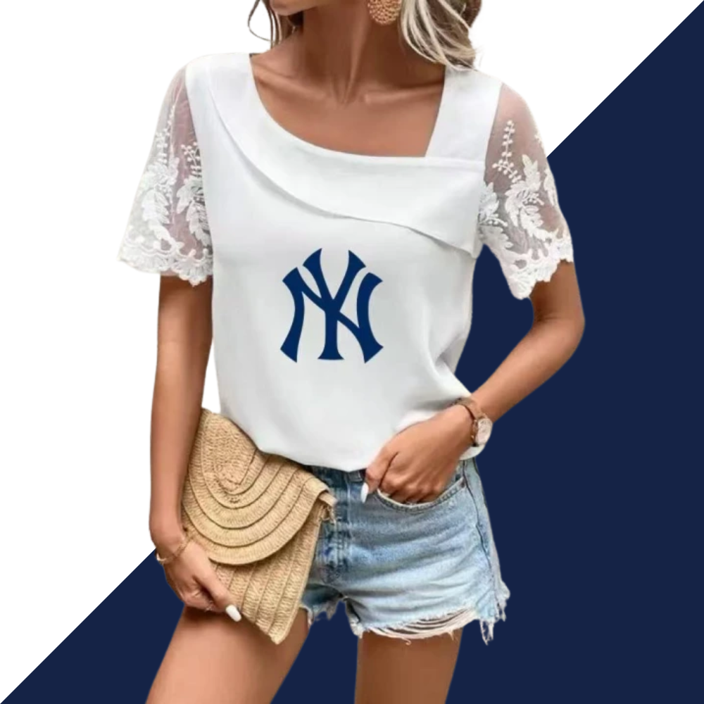 Printed lace short-sleeved blouse with slanted collar - Baseswear