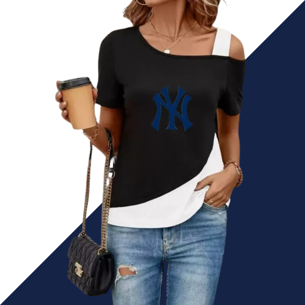 Women's Diagonal Shoulder Color Mosaic Blouse Asymmetric Diagonal Neckline Short Sleeve T Shirt - Baseswear