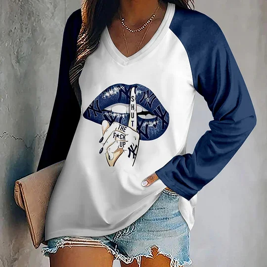 Women's V-neck Double-layered Long-sleeved Loose T-shirt - Baseswear