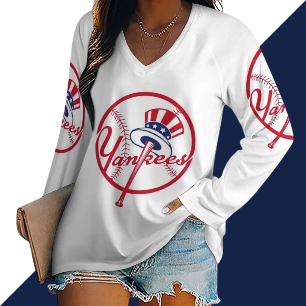 Women's V-neck Double-layered Long-sleeved Loose T-shirt - Baseswear