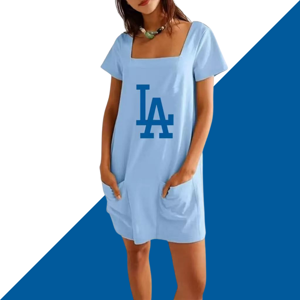Square neck short sleeve fashion short skirt pocket casual dress - Baseswear