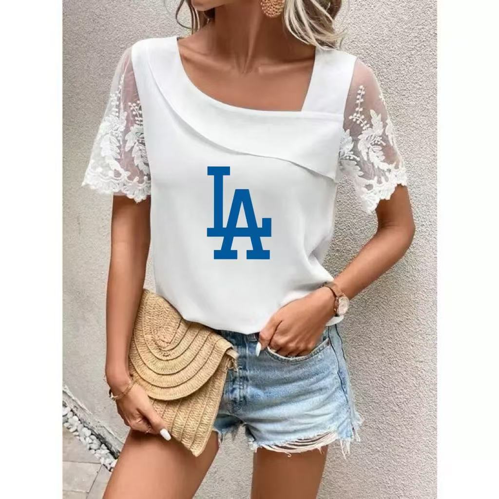 Printed lace short-sleeved blouse with slanted collar - Baseswear