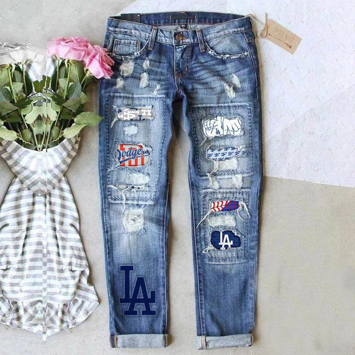 casual fashion perforated printed jeans - Baseswear