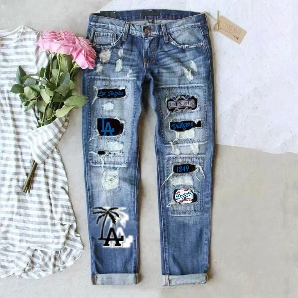 casual fashion perforated printed jeans - Baseswear