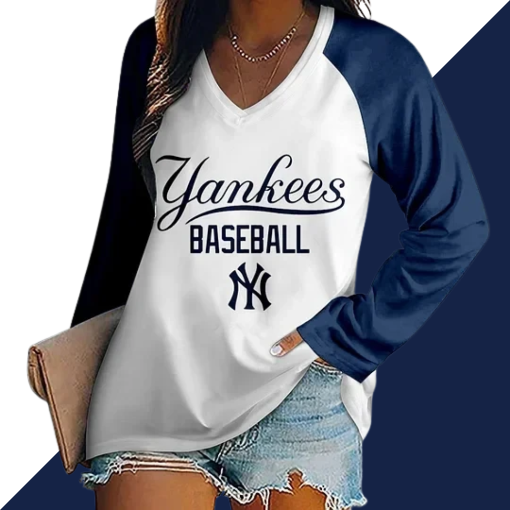 Women's V-neck Double-layered Long-sleeved Loose T-shirt - Baseswear