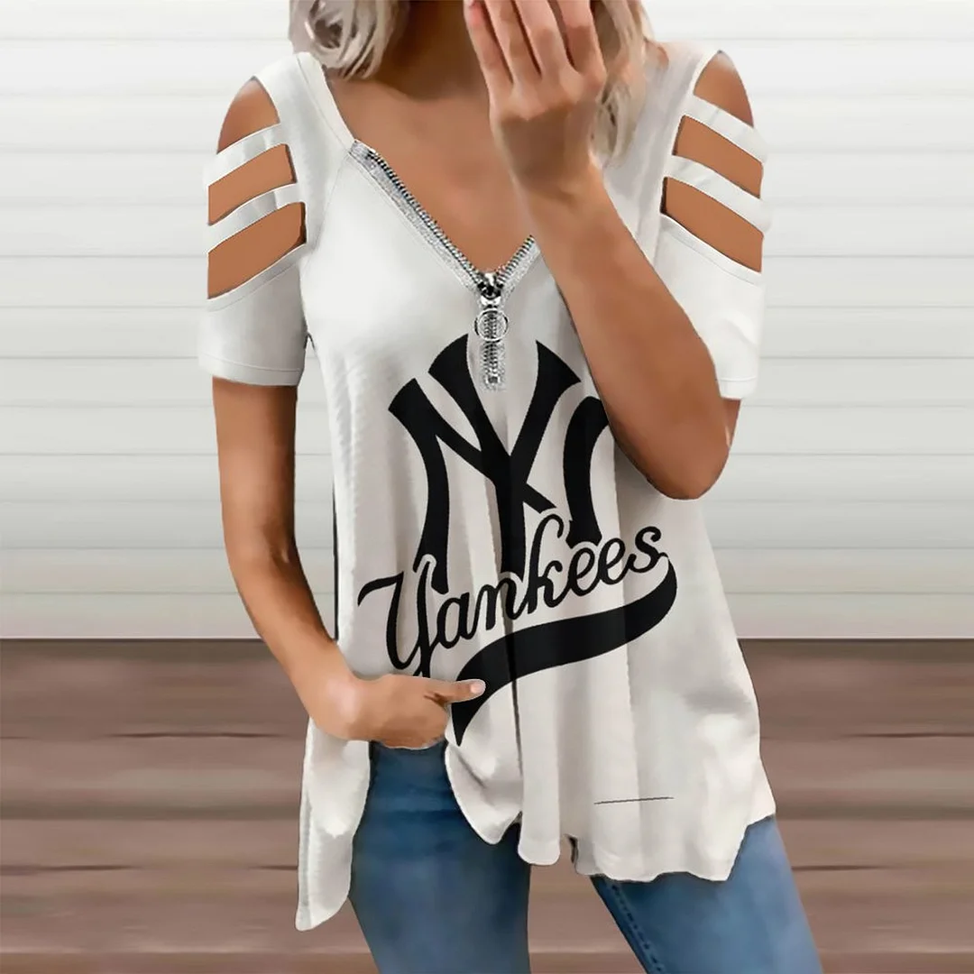 New print zipper V-neck T-shirt pull-over short-sleeve loose-fitting women's T-shirt - Baseswear