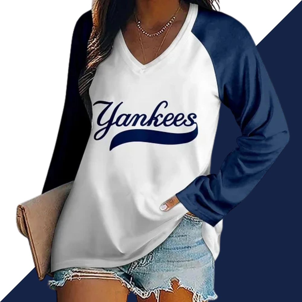 Women's V-neck Double-layered Long-sleeved Loose T-shirt - Baseswear