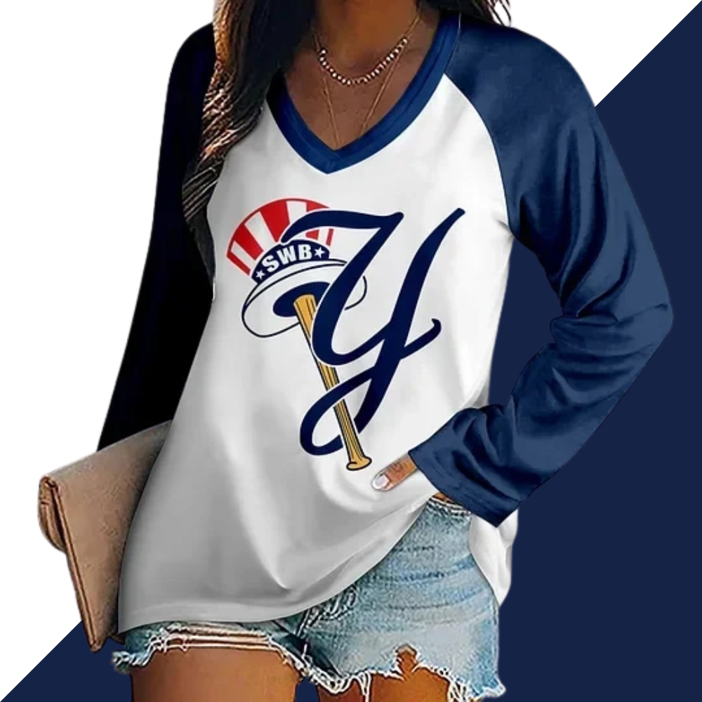 Women's V-neck Double-layered Long-sleeved Loose T-shirt - Baseswear