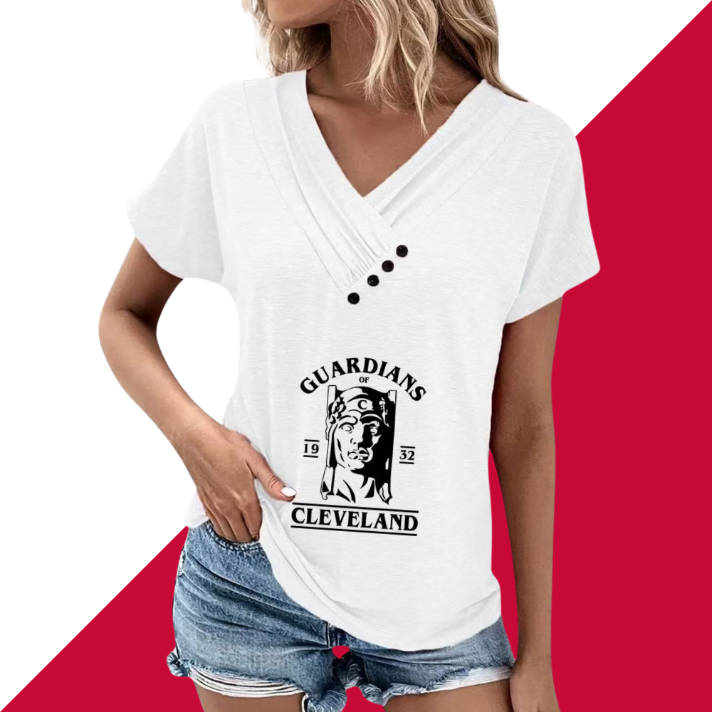 Simple V-Neck Short Sleeve T-Shirt-Cleveland Guardians - Baseswear