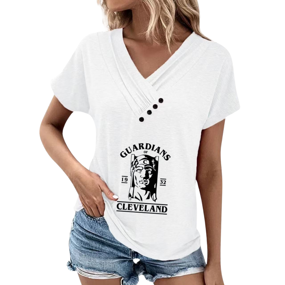Simple V-Neck Short Sleeve T-Shirt-Cleveland Guardians - Baseswear