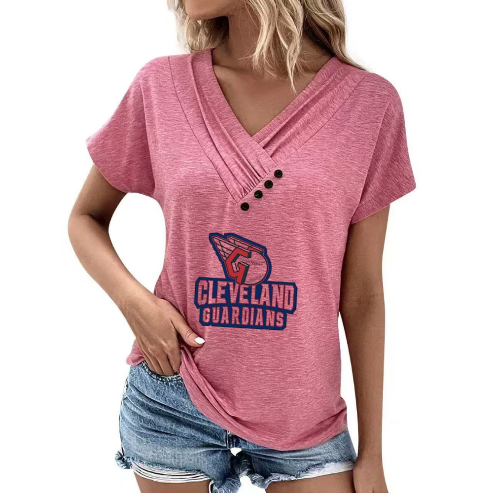 Simple V-Neck Short Sleeve T-Shirt-Cleveland Guardians - Baseswear