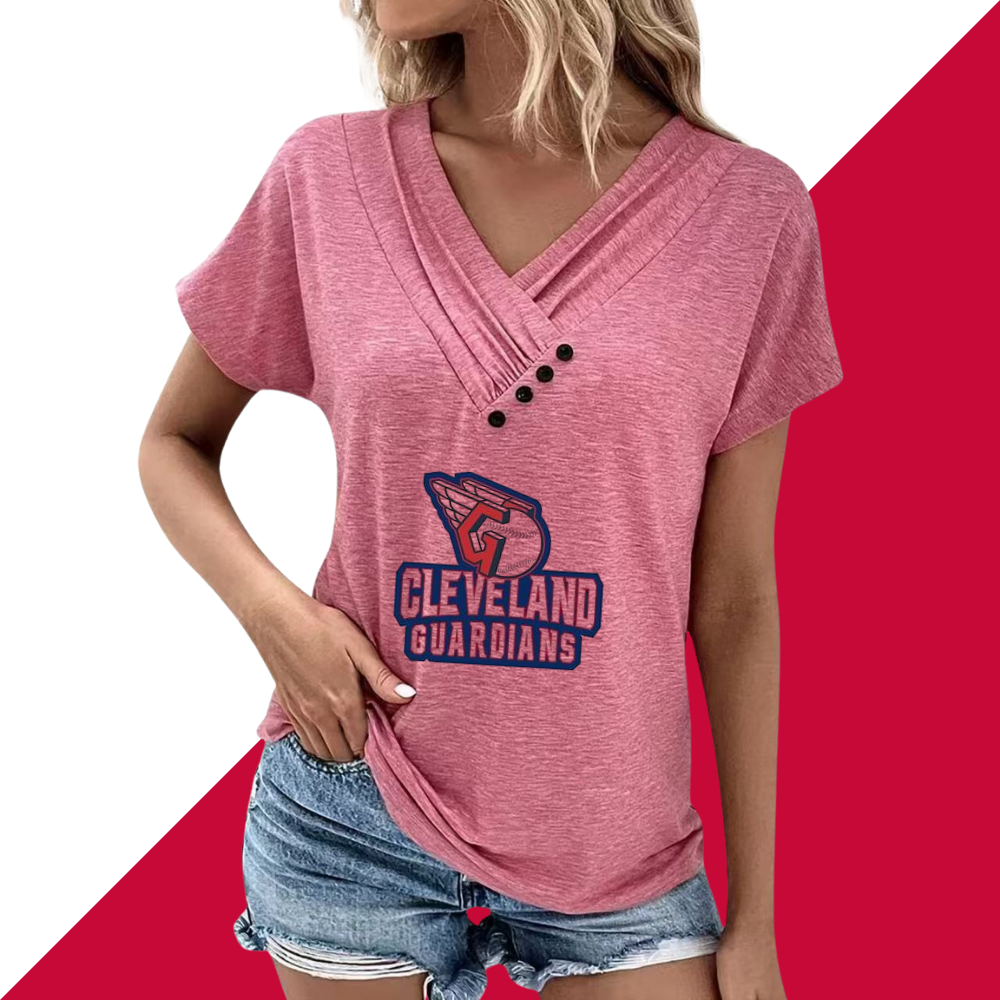 Simple V-Neck Short Sleeve T-Shirt-Cleveland Guardians - Baseswear