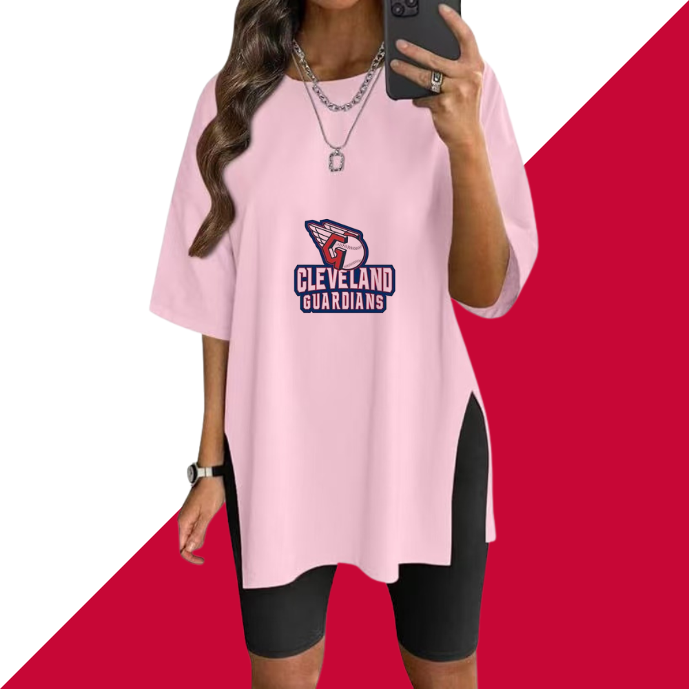 Stylish Printed Side-Slit Crew Neck T-Shirt-Cleveland Guardians - Baseswear