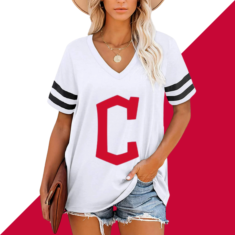 Striped Sleeve V-Neck Casual Loose Sweatshirt - Baseswear