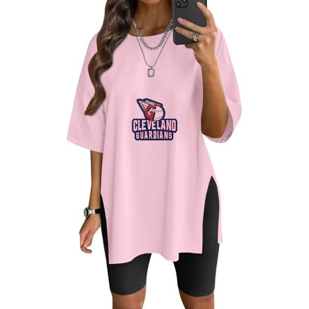 Stylish Printed Side-Slit Crew Neck T-Shirt-Cleveland Guardians - Baseswear