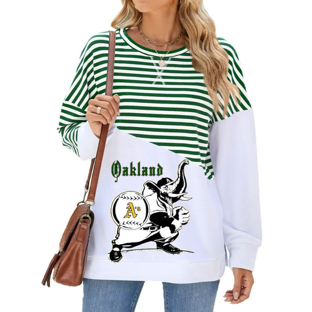 Slit Contrast Striped Long Sleeve Sweatshirt-Oakland Athletics - Baseswear