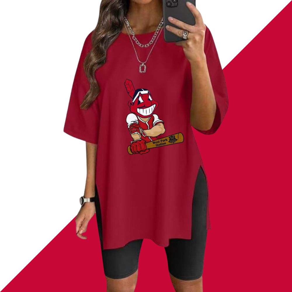 Stylish Printed Side-Slit Crew Neck T-Shirt-Cleveland Guardians - Baseswear