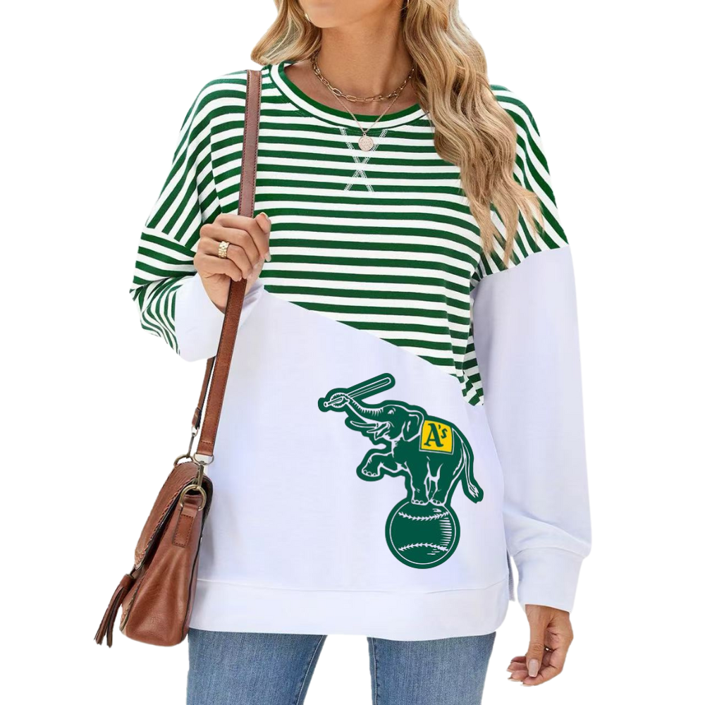 Slit Contrast Striped Long Sleeve Sweatshirt-Oakland Athletics - Baseswear