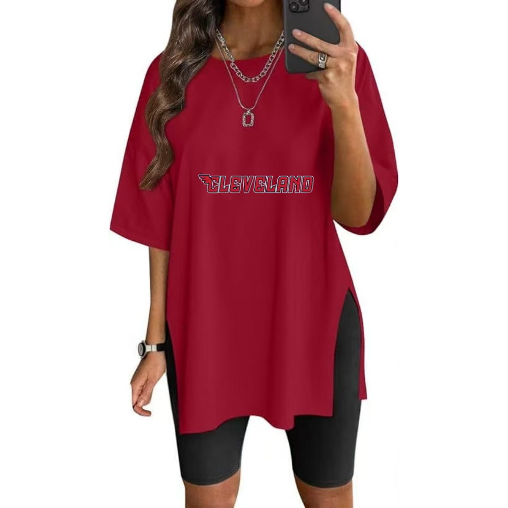Stylish Printed Side-Slit Crew Neck T-Shirt-Cleveland Guardians - Baseswear