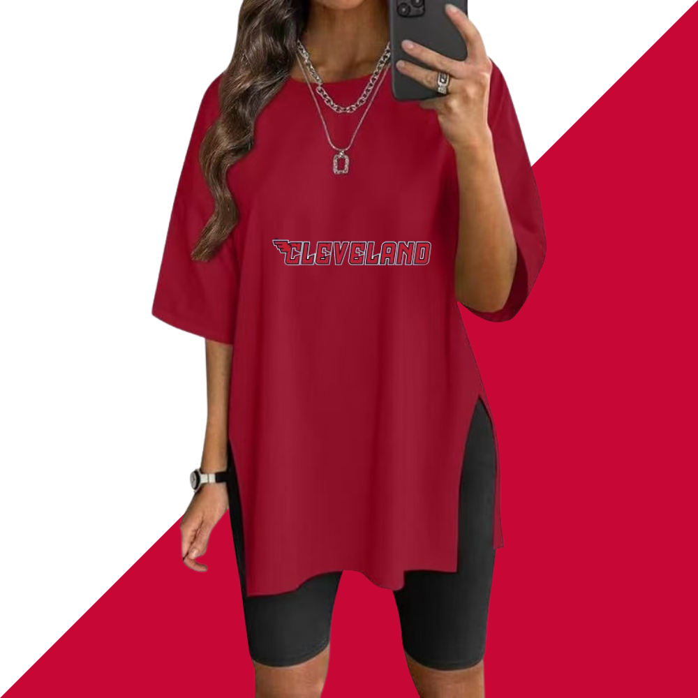 Stylish Printed Side-Slit Crew Neck T-Shirt-Cleveland Guardians - Baseswear