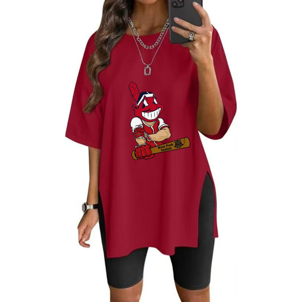 Stylish Printed Side-Slit Crew Neck T-Shirt-Cleveland Guardians - Baseswear