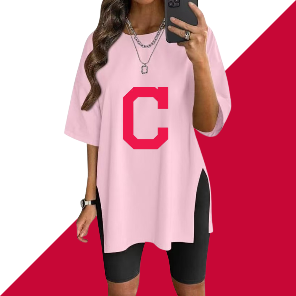Stylish Printed Side-Slit Crew Neck T-Shirt-Cleveland Guardians - Baseswear