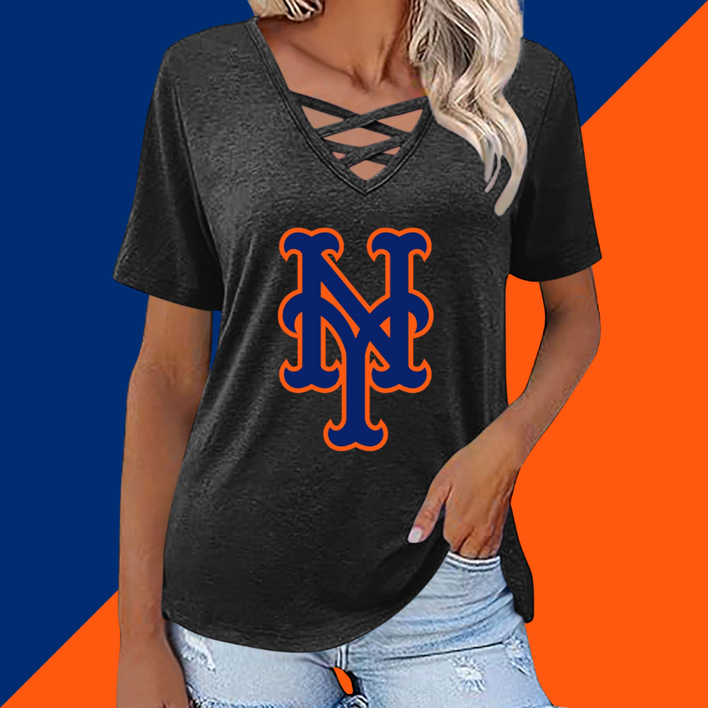 Fashionable V-neck loose short-sleeved shirt-New York Mets - Baseswear