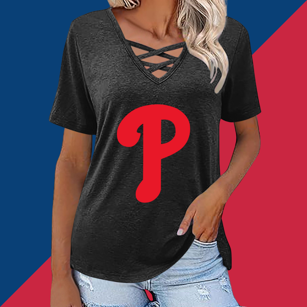 Fashionable V-neck loose short-sleeved shirt-Philadelphia Phillies - Baseswear