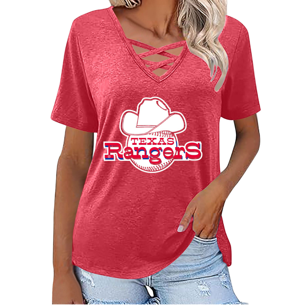 Fashionable V-neck loose short-sleeved shirt-Texas Rangers - Baseswear