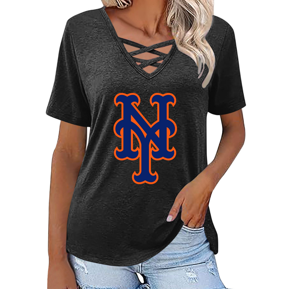 Fashionable V-neck loose short-sleeved shirt-New York Mets - Baseswear