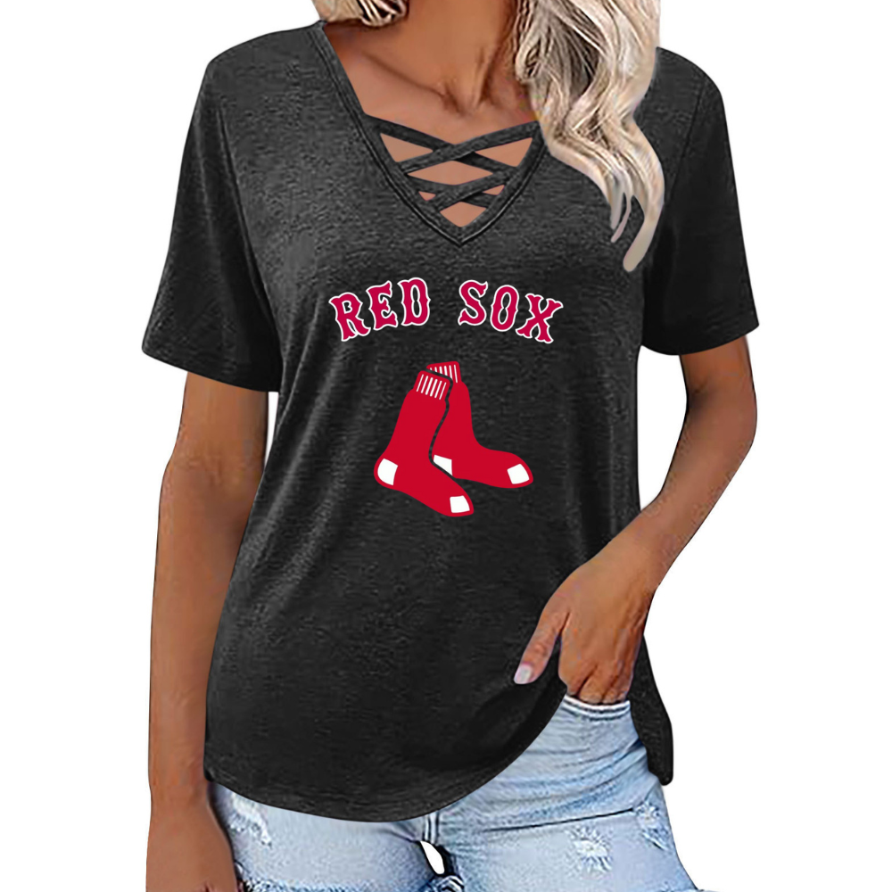 Fashionable V-neck loose short-sleeved shirt-Boston Red Sox - Baseswear