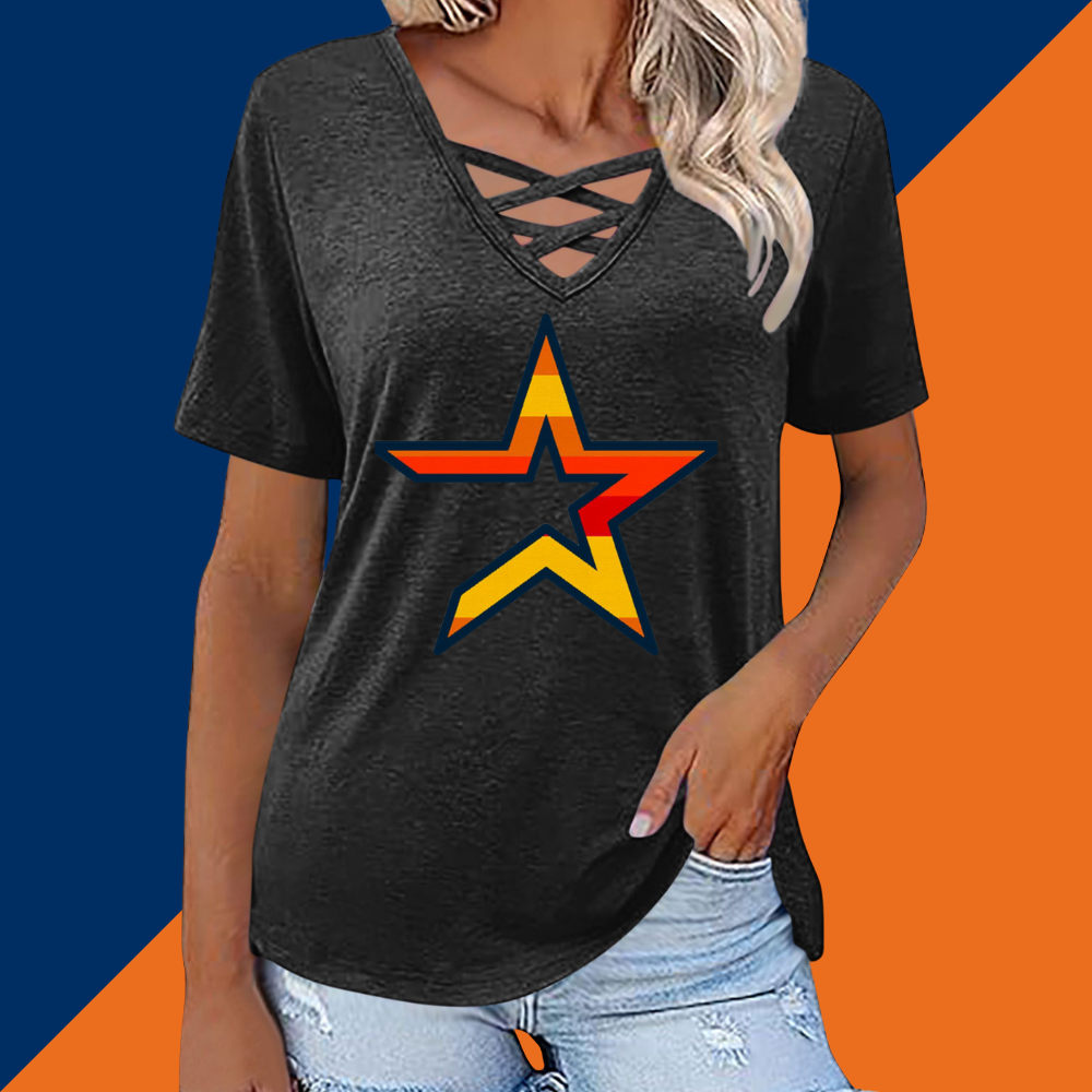 Fashionable V-neck loose short-sleeved shirt-Houston Astros - Baseswear