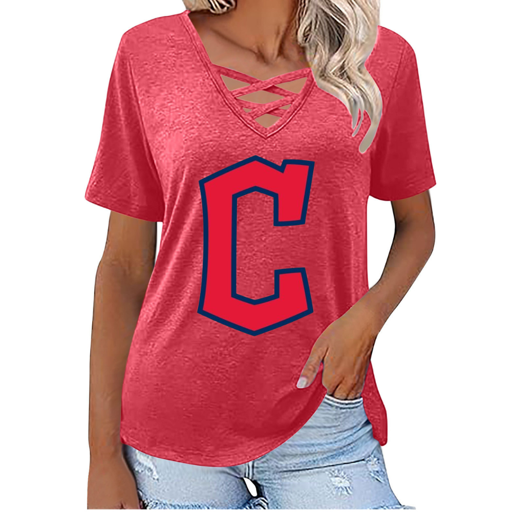 Fashionable V-neck loose short-sleeved shirt-Cleveland Guardians - Baseswear