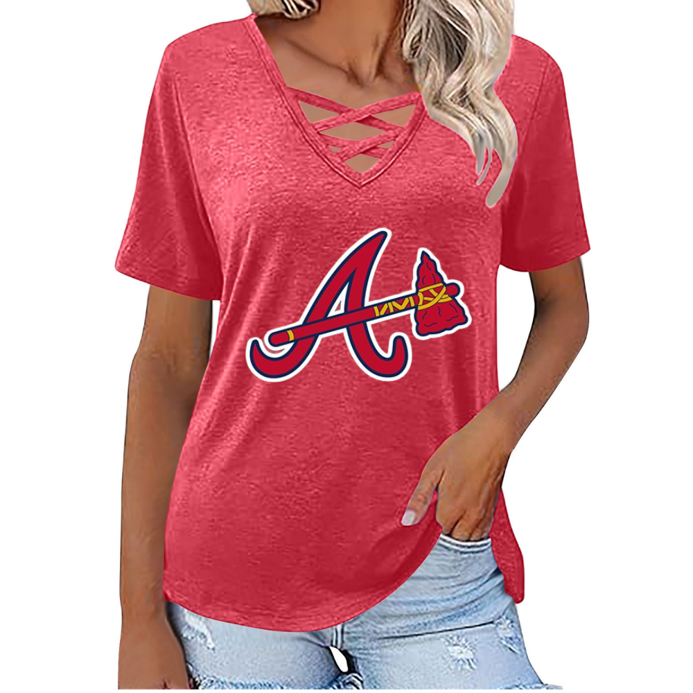 Fashionable V-neck loose short-sleeved shirt-Atlanta Braves - Baseswear