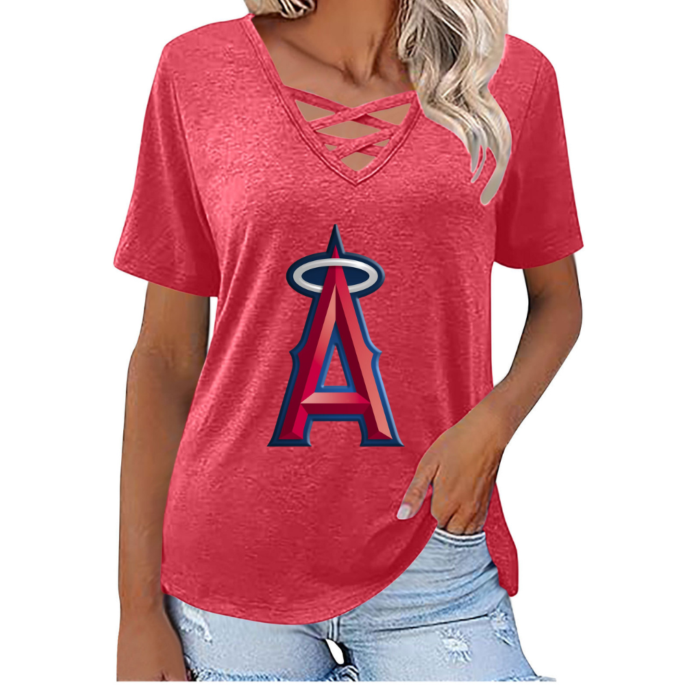 Fashionable V-neck loose short-sleeved shirt-Los Angeles Angels - Baseswear