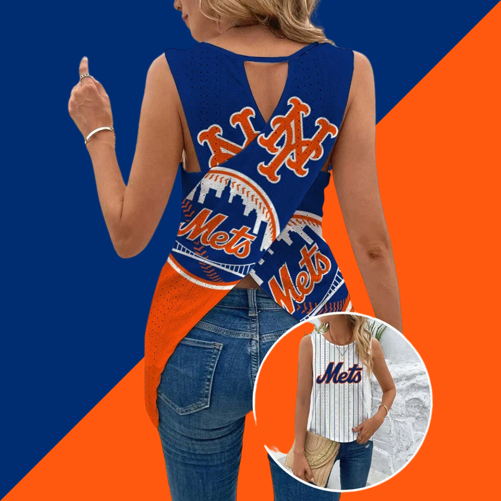Cut Out Wrap Cross Wrap Back Asymmetrical Hem Tank Top-New York Mets - Baseswear