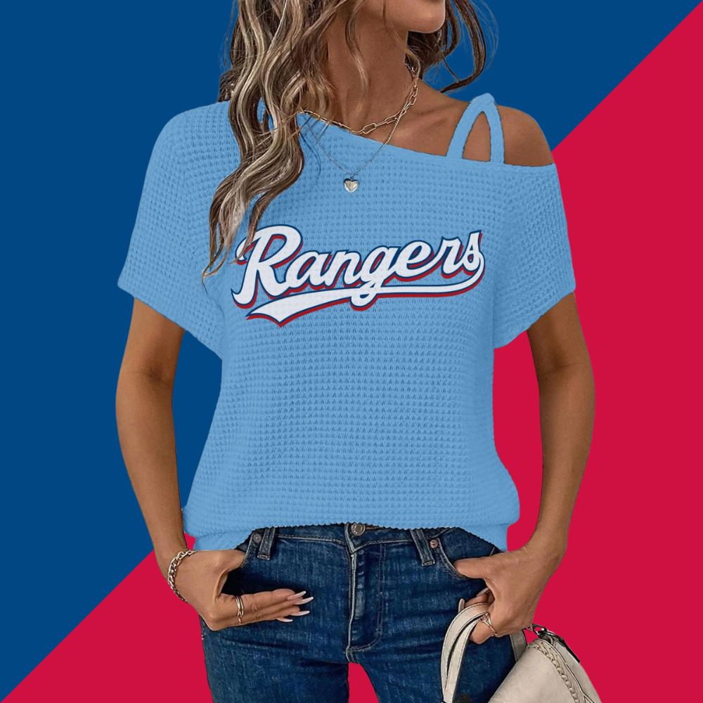 Asymmetrical Neck Short Sleeve T-Shirt-Texas Rangers - Baseswear