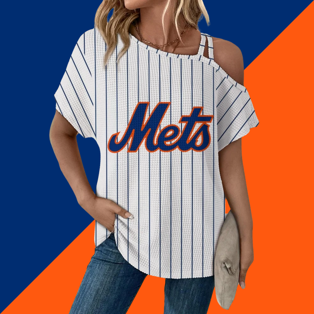 Asymmetrical Neck Short Sleeve T-Shirt-New York Mets - Baseswear
