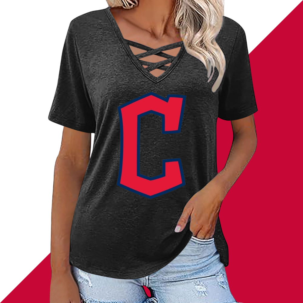 Fashionable V-neck loose short-sleeved shirt-Cleveland Guardians - Baseswear