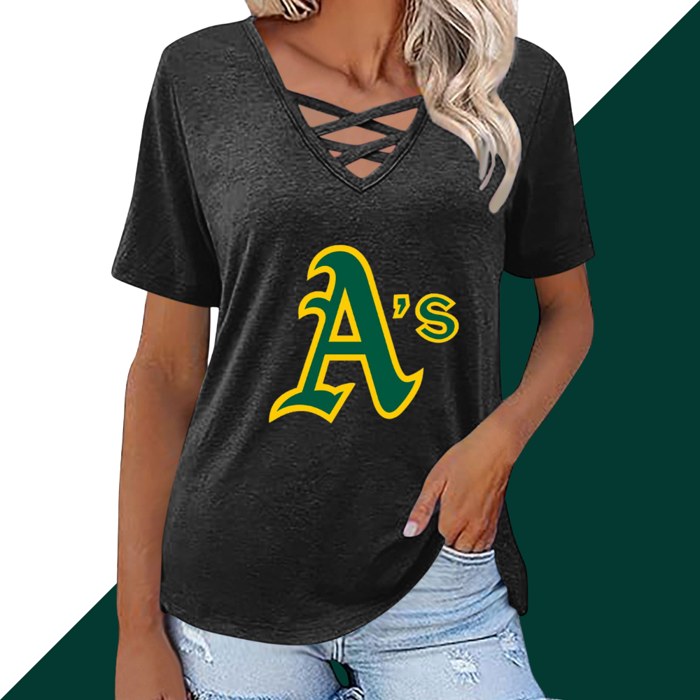 Fashionable V-neck loose short-sleeved shirt-Oakland Athletics - Baseswear